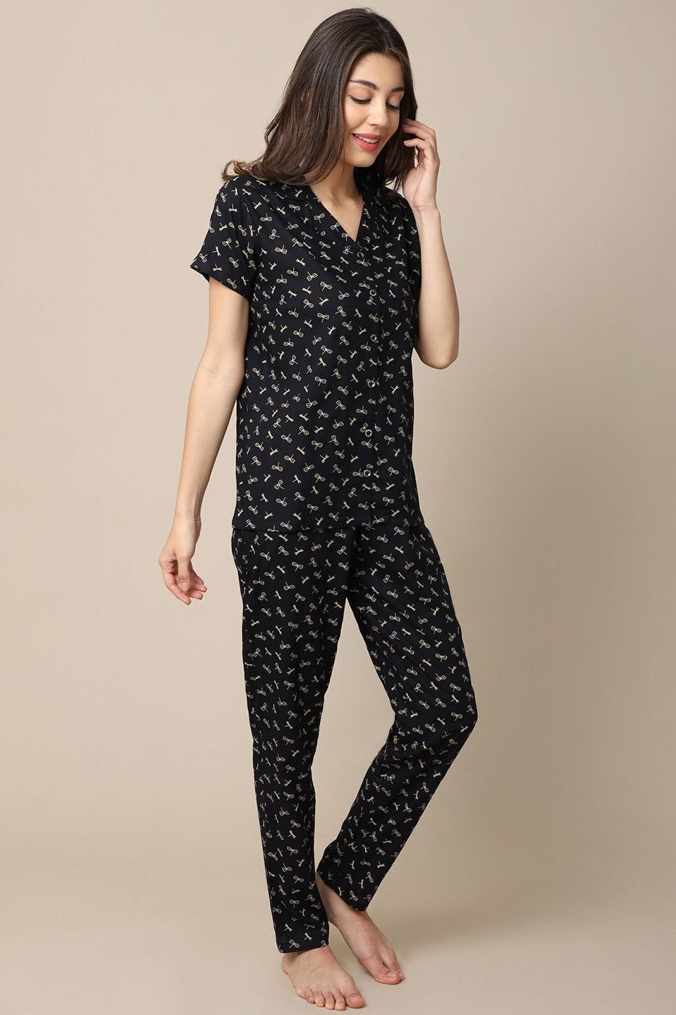 Black Color Graphic Printed Cotton nightsuit For Women Claura Designs Pvt. Ltd. Nightsuit Black, Nightsuit, Short Sleeves, Sleepwear
