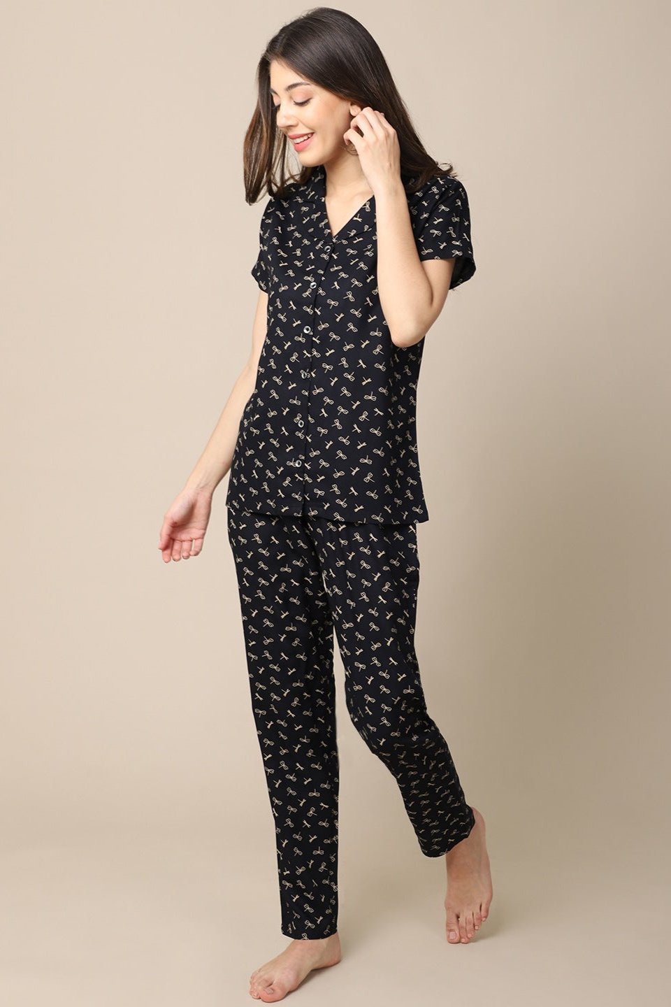 Black Color Graphic Printed Cotton nightsuit For Women Claura Designs Pvt. Ltd. Nightsuit Black, Nightsuit, Short Sleeves, Sleepwear
