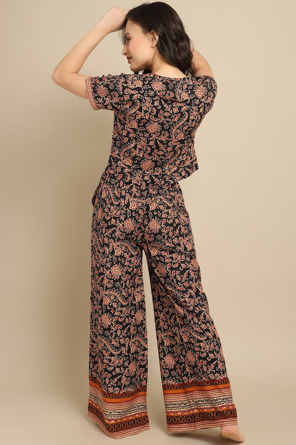  Black Abstract Printed Viscose Rayon Night Suit for Women by Claura