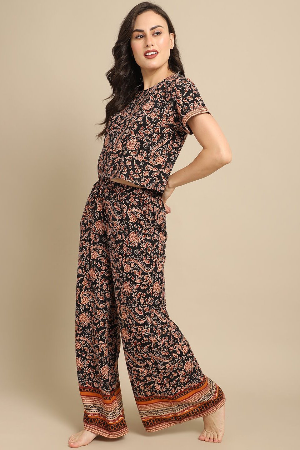  Black Abstract Printed Viscose Rayon Night Suit for Women by Claura