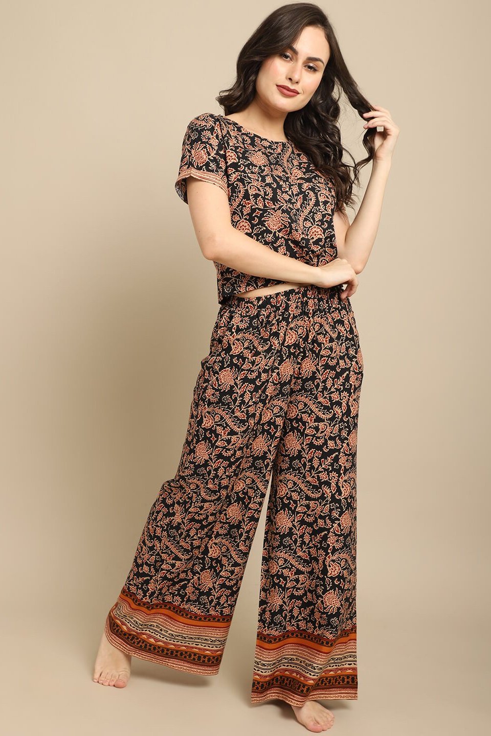  Black Abstract Printed Viscose Rayon Night Suit for Women by Claura