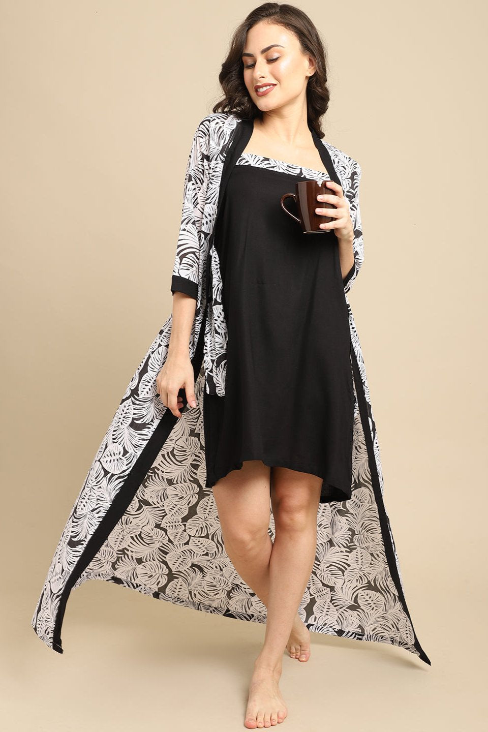Black Color Tropical Printed Viscose Rayon Nityrob For Women Claura Designs Pvt. Ltd. Robe Black, Kaftan_allsizes, Nightdress, Nighty Robe, Printed, Rayon, round neck, tropical