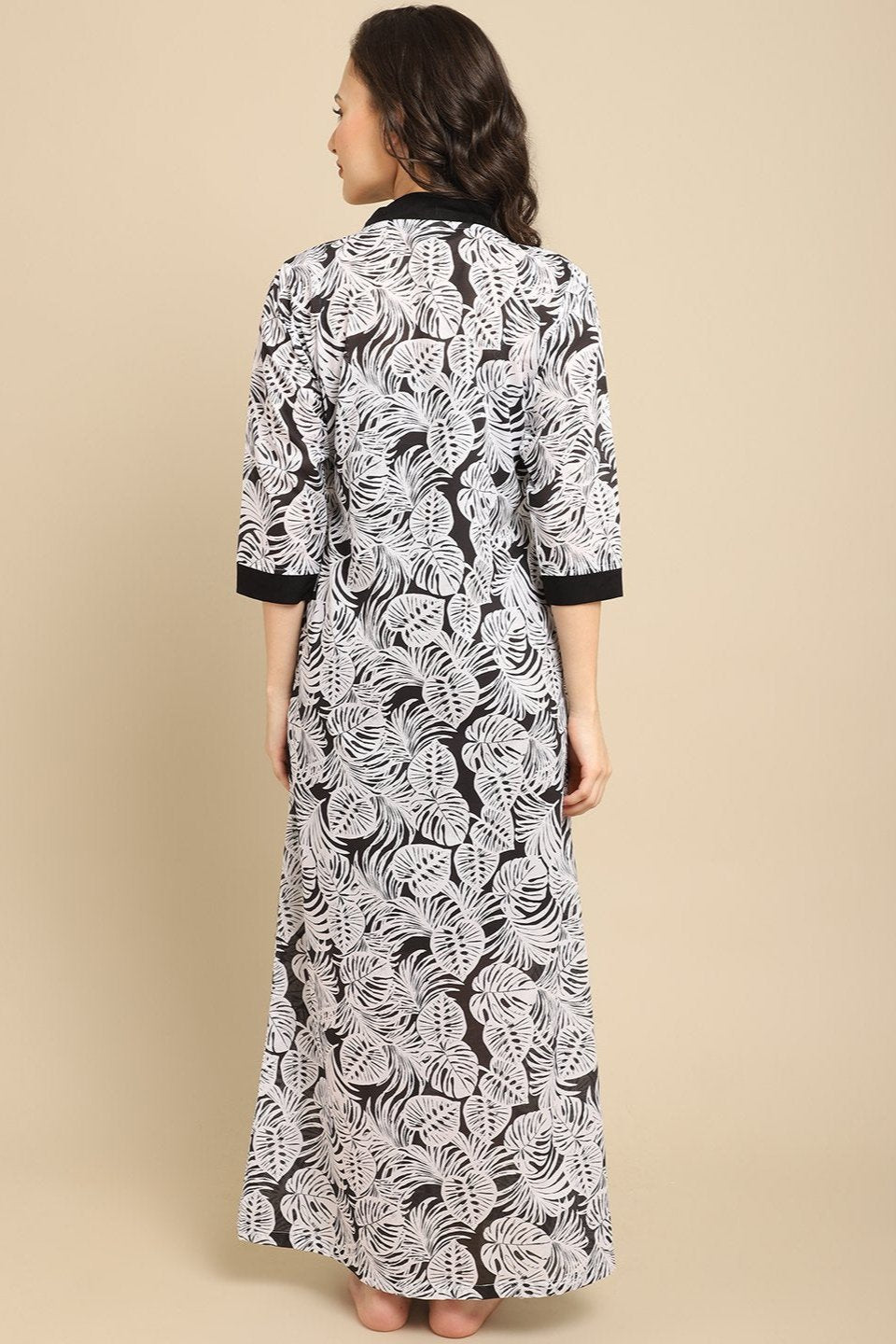 Black Color Tropical Printed Viscose Rayon Nityrob For Women Claura Designs Pvt. Ltd. Robe Black, Kaftan_allsizes, Nightdress, Nighty Robe, Printed, Rayon, round neck, tropical