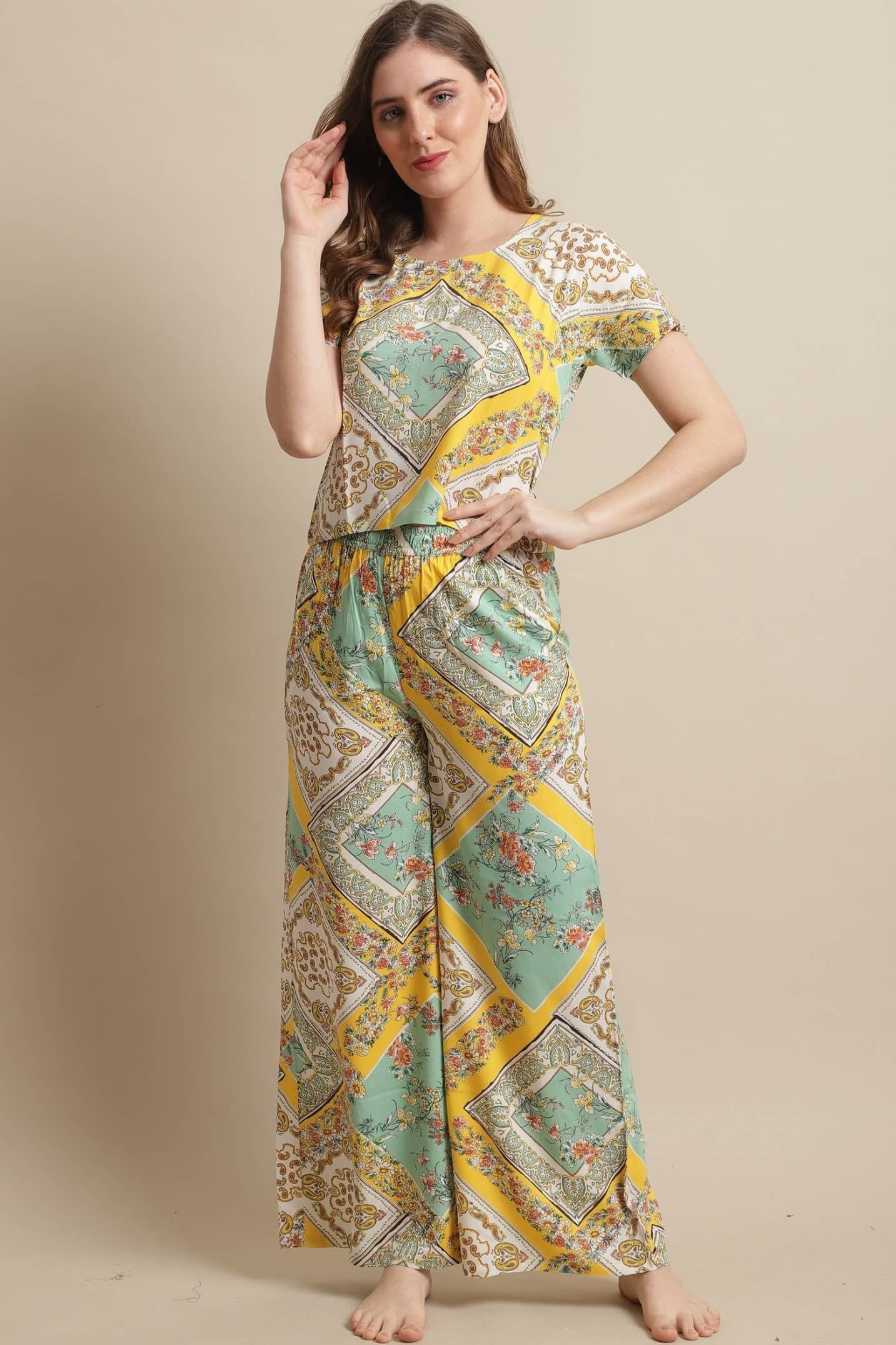 Yellow Floral Printed Viscose Rayon Night Suit for Women by Claura