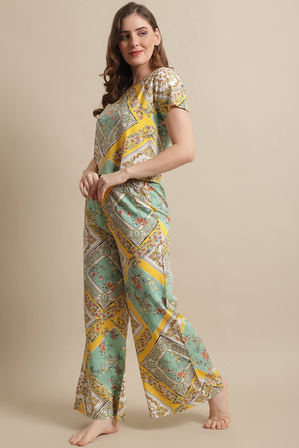 Yellow Floral Printed Viscose Rayon Night Suit for Women by Claura