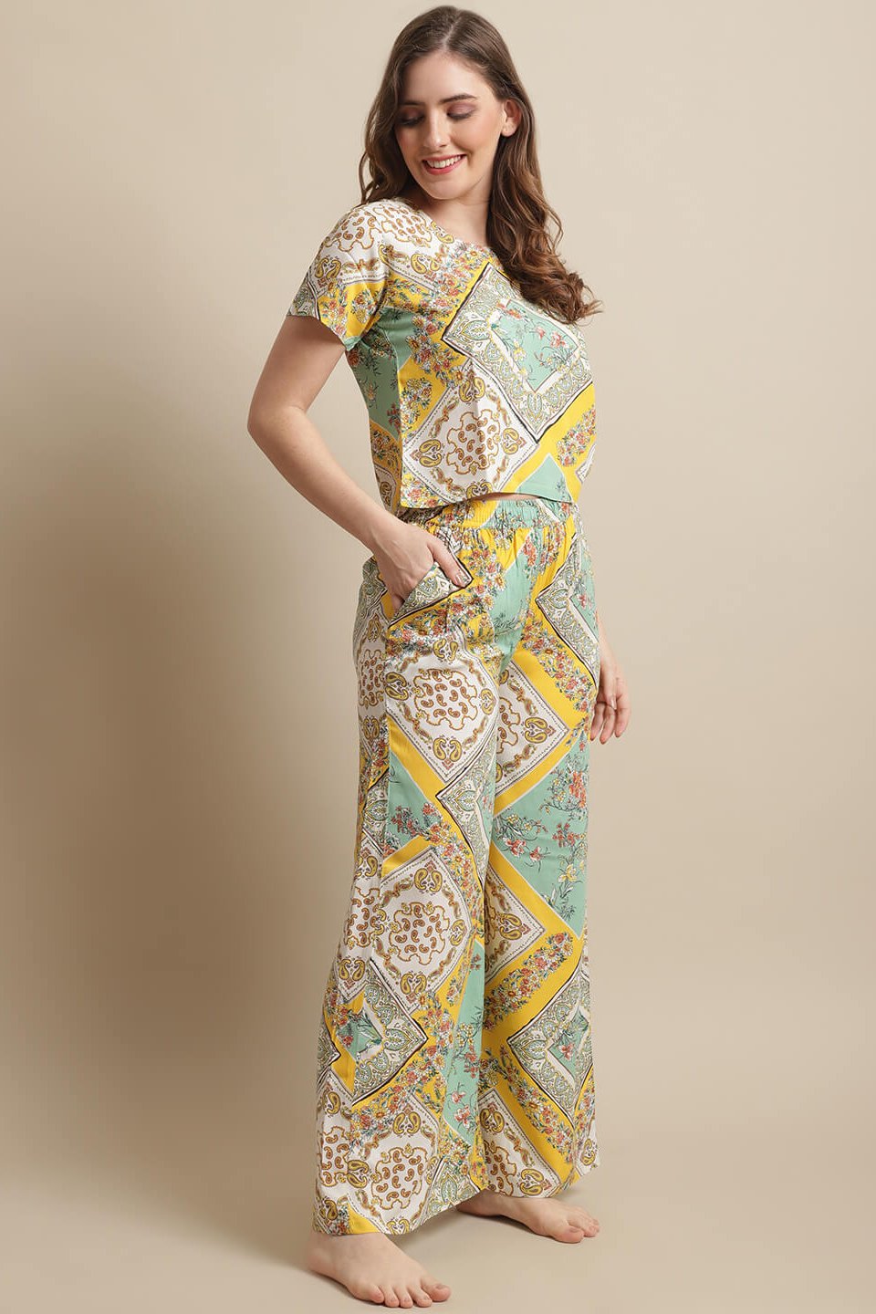 Yellow Floral Printed Viscose Rayon Night Suit for Women by Claura
