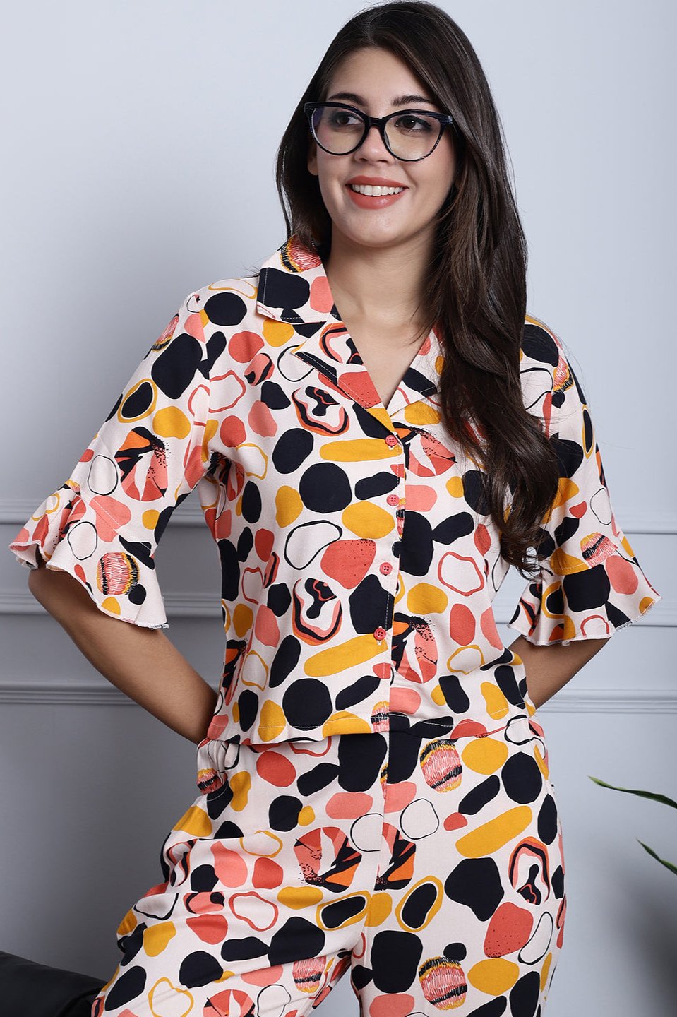 Peach Abstract Printed Viscose Rayon Night Suit for Women by Claura

