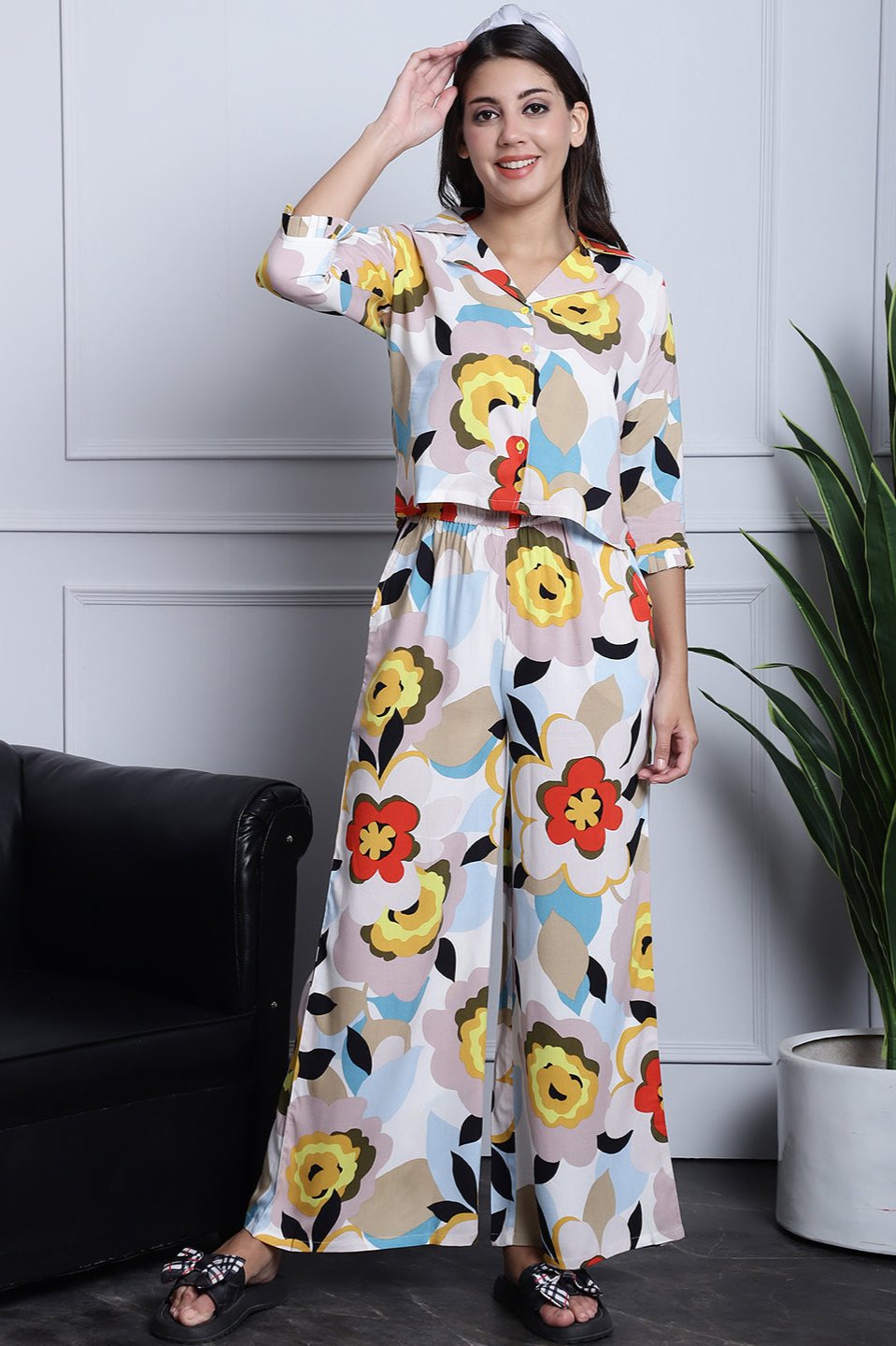 Multi-Color Abstract Printed Viscose Rayon Night Suit for Women by Claura