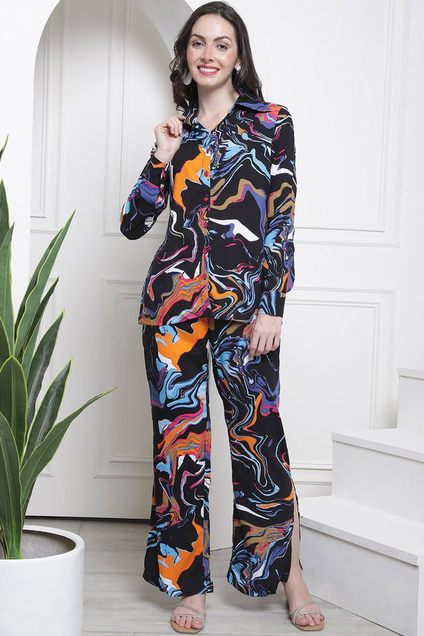 Black Abstract Tunic & Trousers Rayon Co-Ord Set for Women