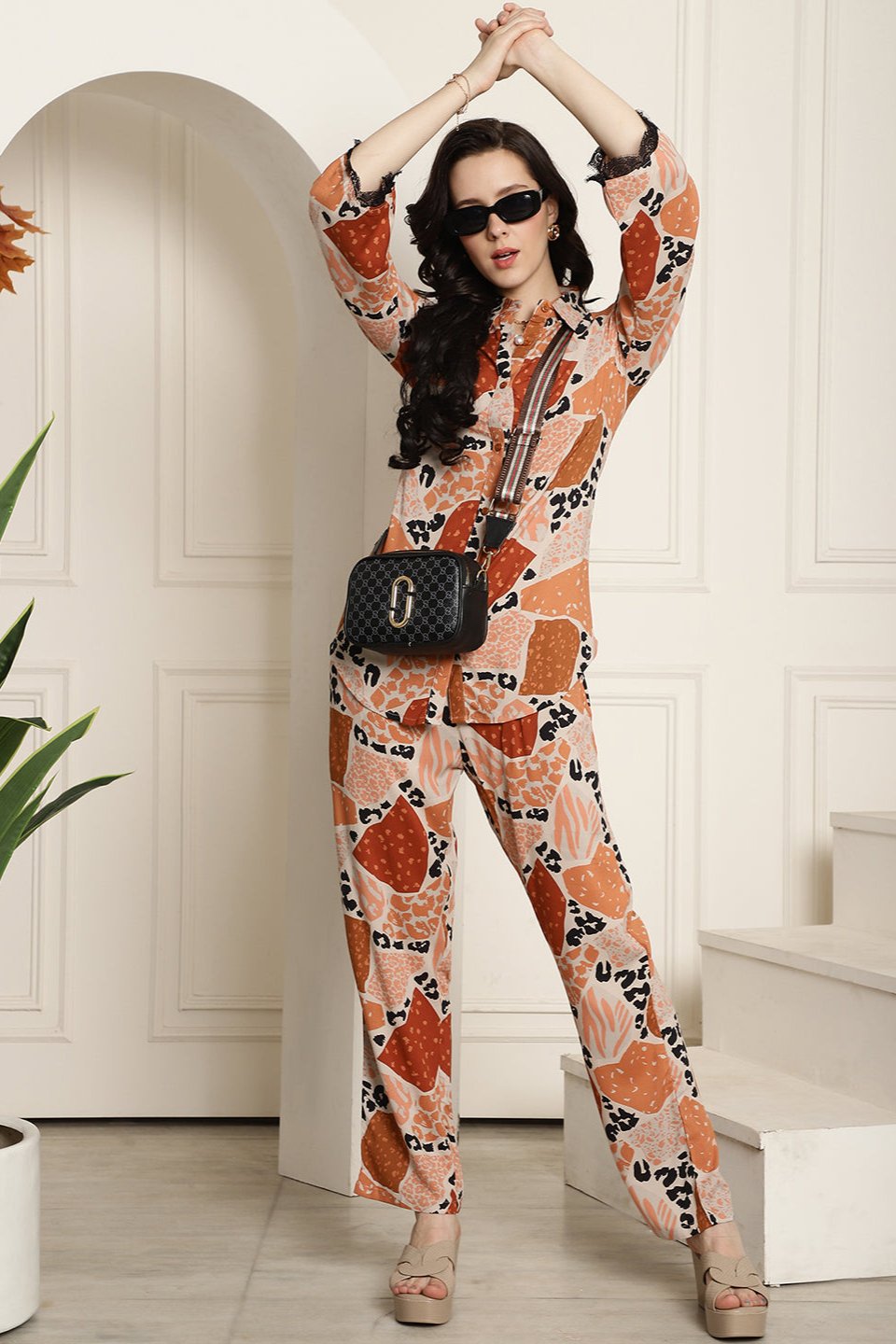 Woman wearing Brown Abstract Print Co-Ord Set
