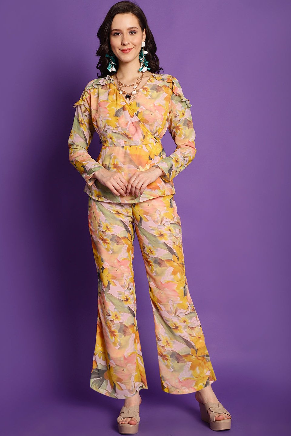 Woman wearing Yellow Floral Co-Ord Set (