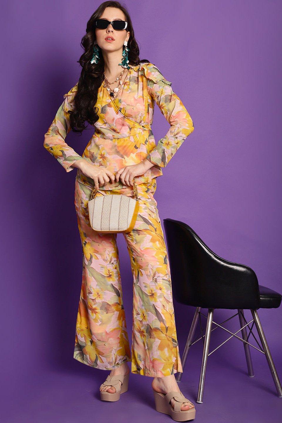 Close-up of Georgette fabric and floral detail on Yellow Co-Ord Set