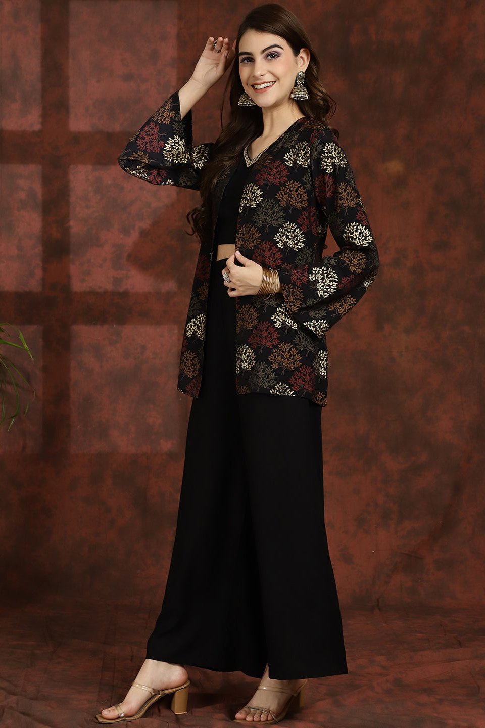 Black Co-Ord Set with Flowy Palazzo pants and V-Neck top
