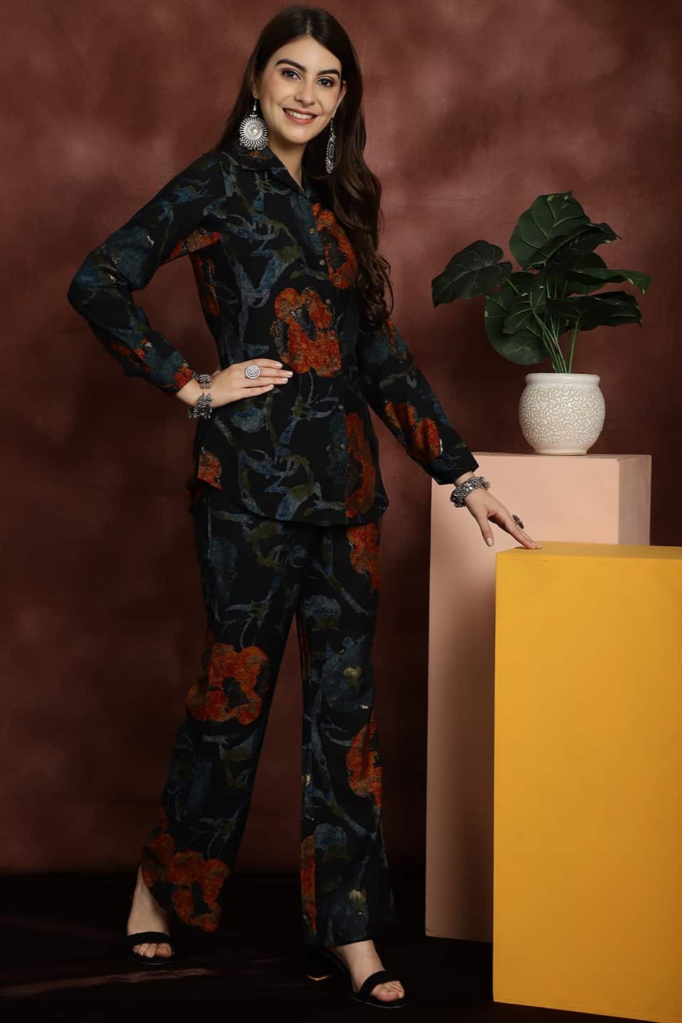 Close-up of Chanderi Silk fabric on Navy Co-Ord Set