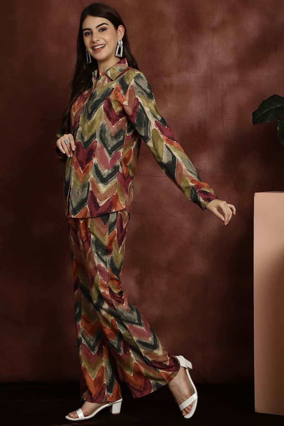 Green Abstract Printed Viscose Rayon Shirt with Trousers Co-Ord Set for Women | Claura