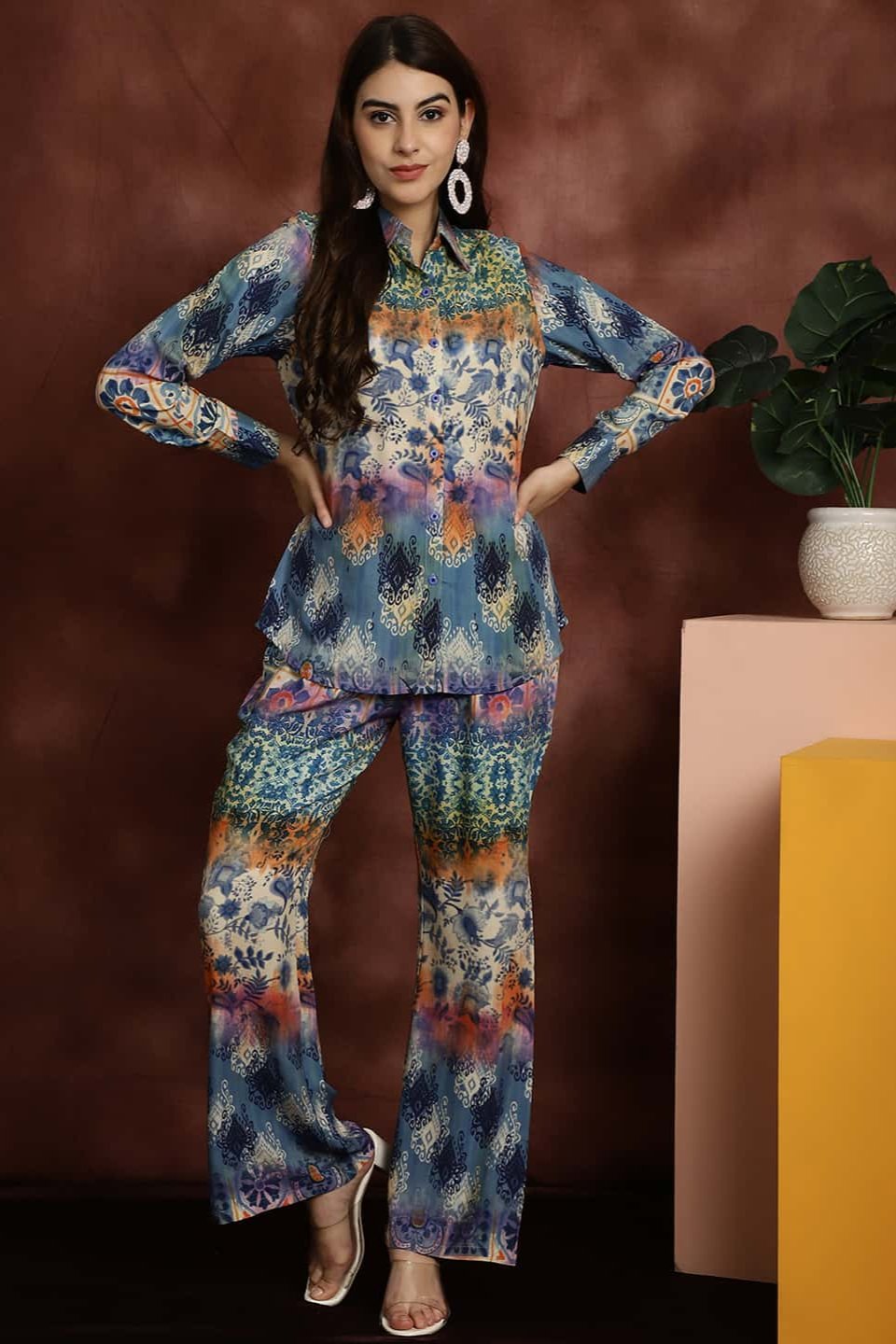 Woman wearing Blue Abstract Printed Co-Ord Set 