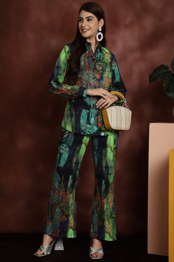 Green Abstract Rayon with Long-Sleeve Co-ord Set for Women