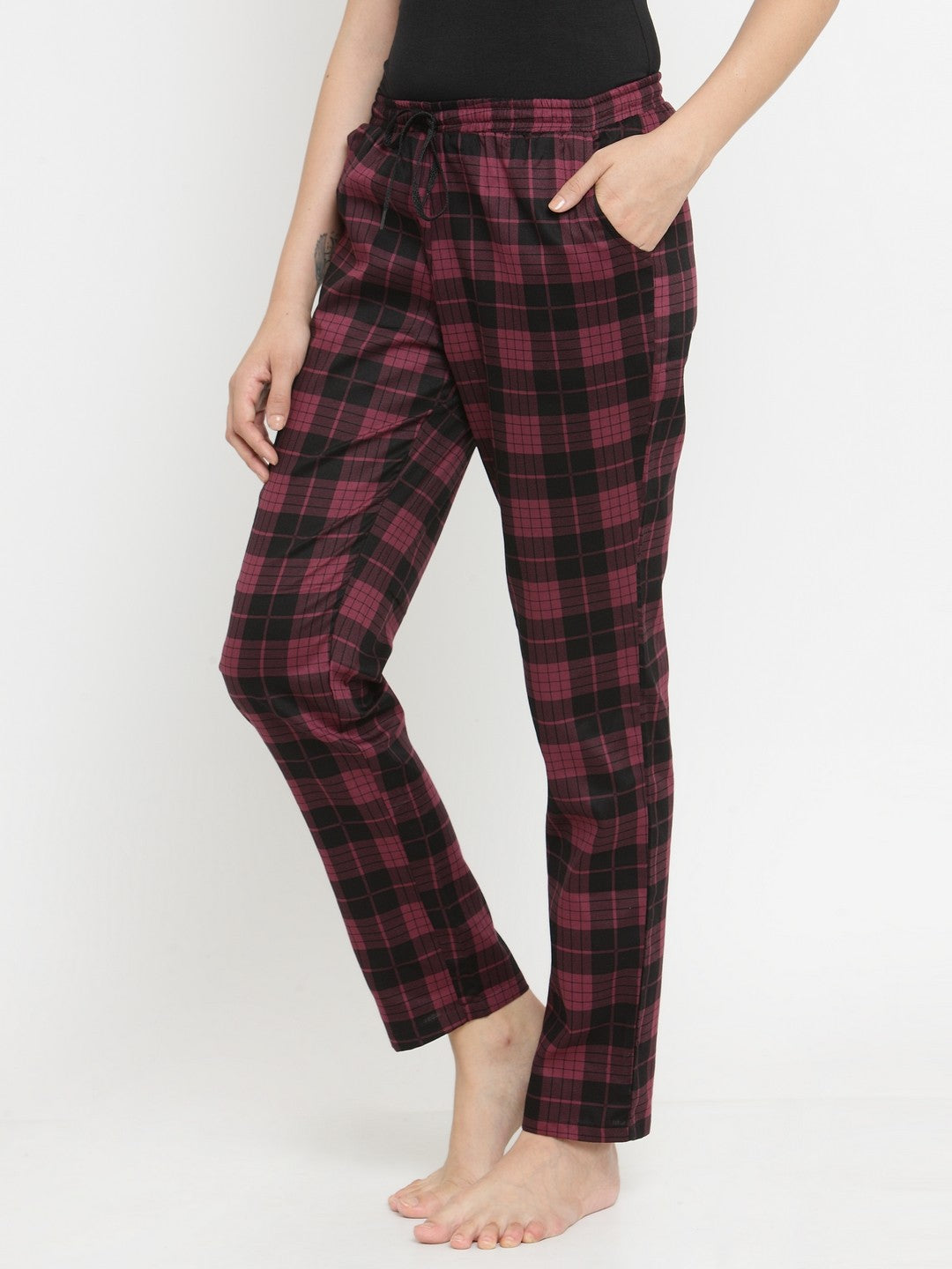 Maroon Abstract Checked Printed Viscose Rayon Pyjamas Claura Designs Pvt. Ltd. Lounge Pants Flarred, Lounge Pant, Loungepant_size, Lower, Maroon, pajama, Pants, Plazzo, Rayon, Women