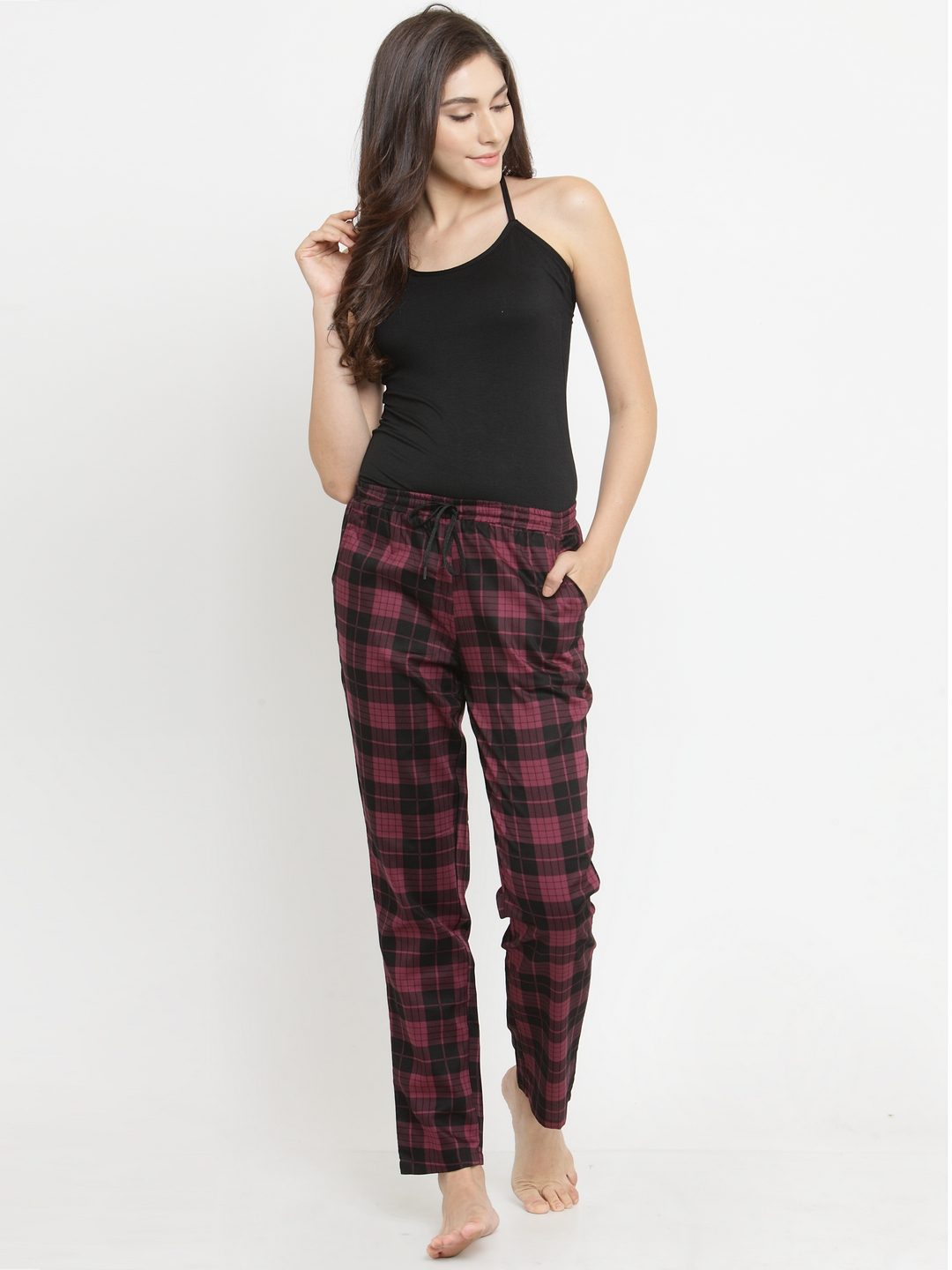 Maroon Abstract Checked Printed Viscose Rayon Pyjamas Claura Designs Pvt. Ltd. Lounge Pants Flarred, Lounge Pant, Loungepant_size, Lower, Maroon, pajama, Pants, Plazzo, Rayon, Women