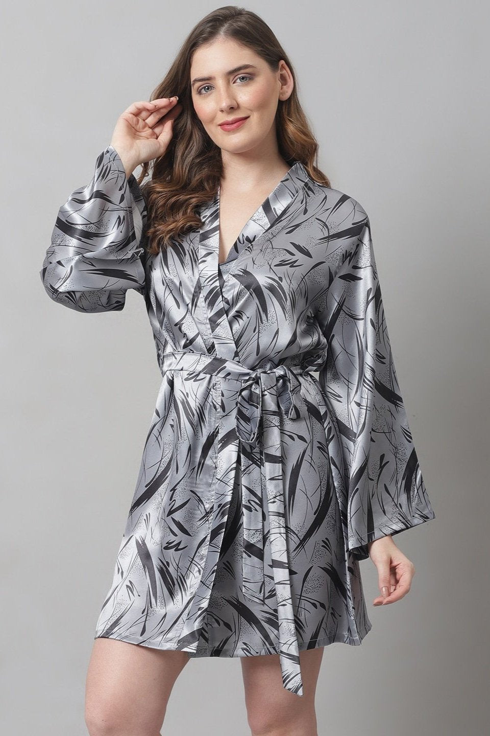 Grey Abstract Printed Satin Robe Claura Designs Pvt. Ltd. Nighty Grey, Kaftan_allsizes, Nightdress, Robe, Satin, Silk, Sleepwear, Women
