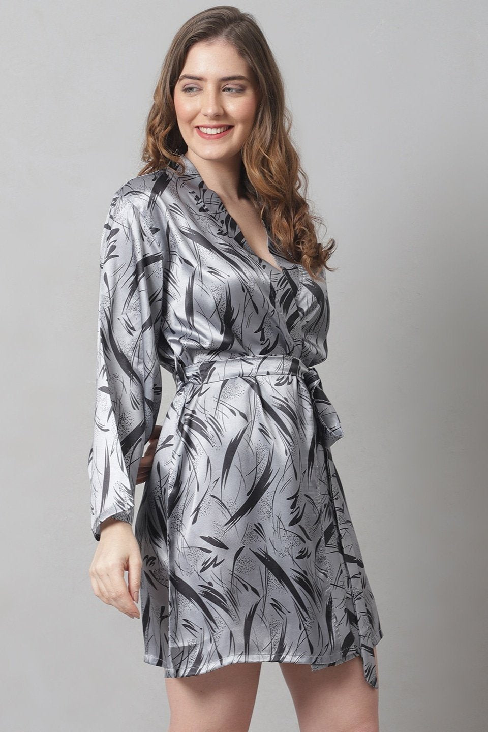 Grey Abstract Printed Satin Robe Claura Designs Pvt. Ltd. Nighty Grey, Kaftan_allsizes, Nightdress, Robe, Satin, Silk, Sleepwear, Women