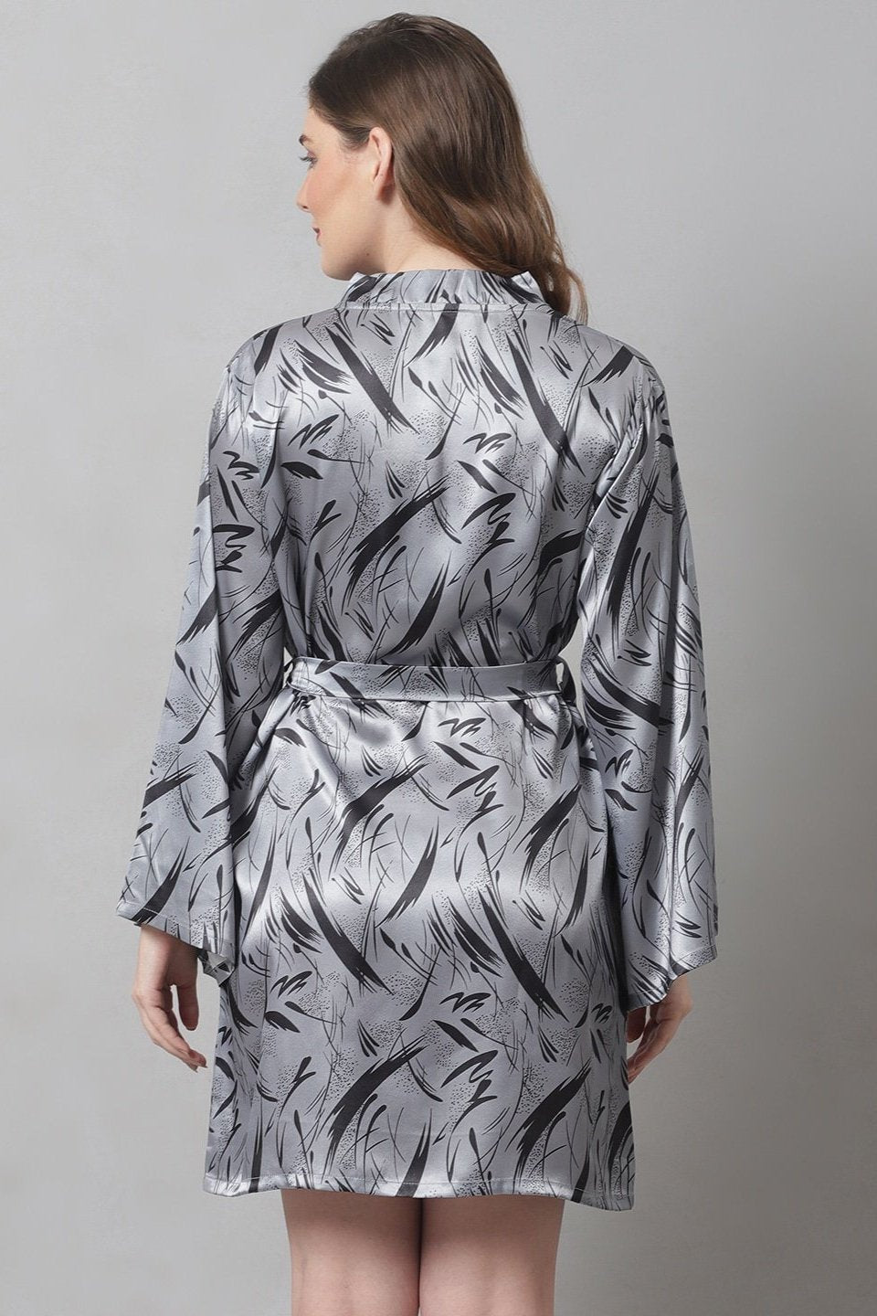 Grey Abstract Printed Satin Robe Claura Designs Pvt. Ltd. Nighty Grey, Kaftan_allsizes, Nightdress, Robe, Satin, Silk, Sleepwear, Women