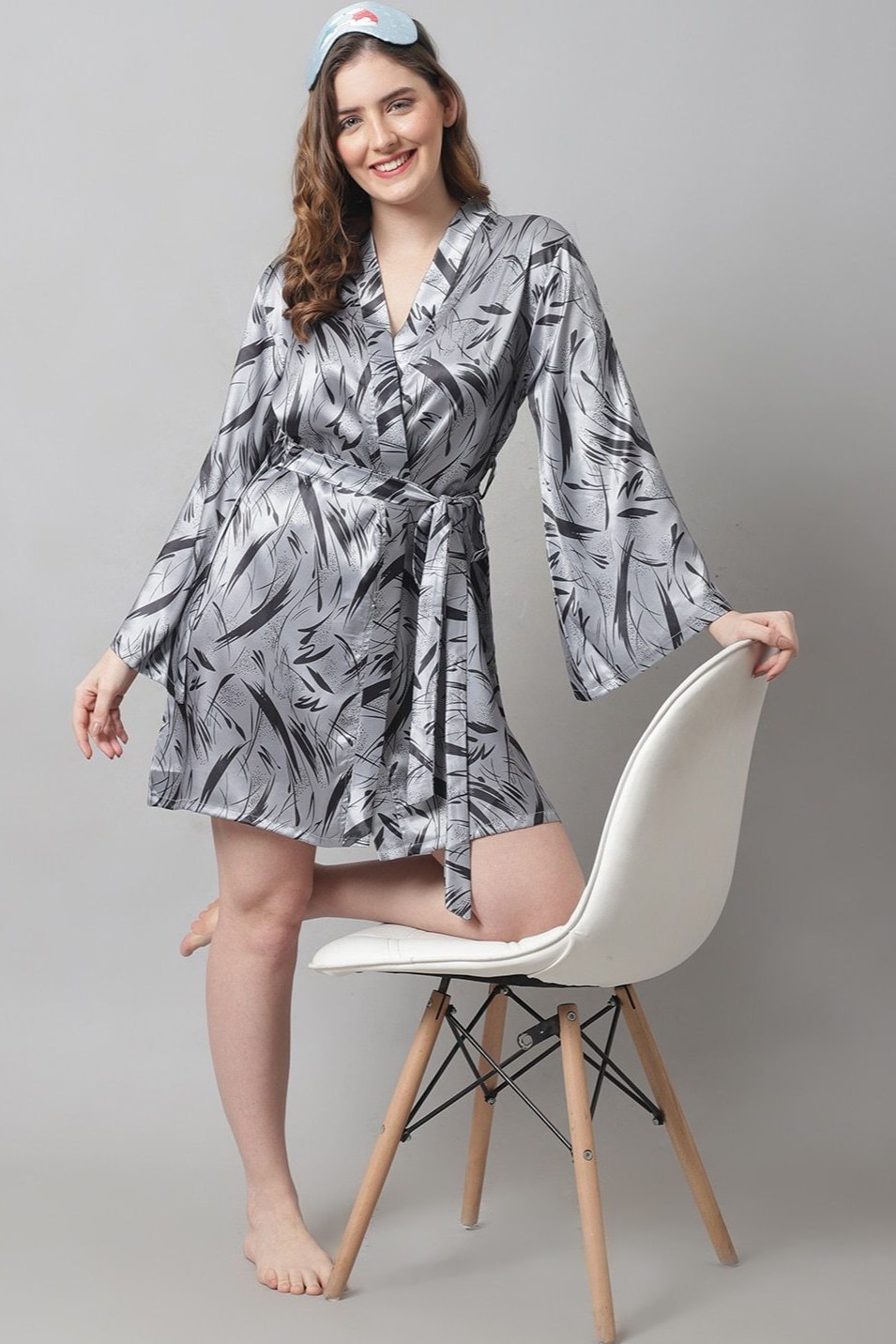 Grey Abstract Printed Satin Robe Claura Designs Pvt. Ltd. Nighty Grey, Kaftan_allsizes, Nightdress, Robe, Satin, Silk, Sleepwear, Women