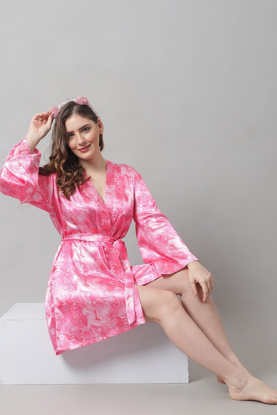 Pink Color  Abstract Printed Silk satin  Nighty Robe Claura Designs Pvt. Ltd. Nighty Kaftan_allsizes, Nightdress, Pink, Robe, Satin, Silk, Sleepwear, Women