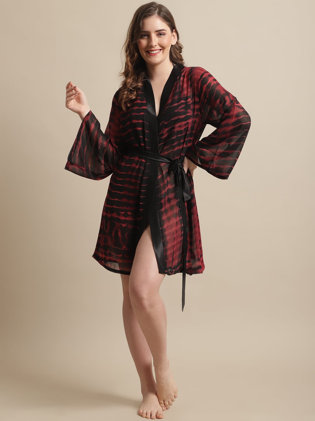 Black & Maroon Tie and Dye Printed Georgette Lounge Robe Claura Designs Pvt. Ltd. Robe Georgette, Kaftan_allsizes, Robe, Sleepwear, tie and dye, Women