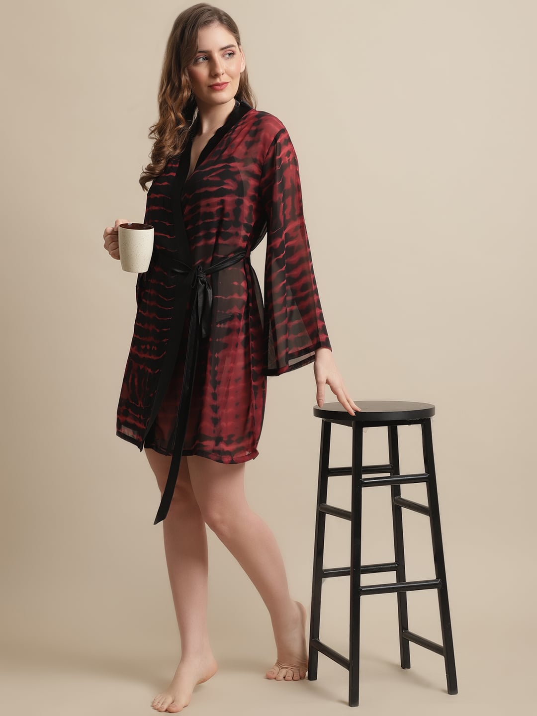 Black & Maroon Tie and Dye Printed Georgette Lounge Robe Claura Designs Pvt. Ltd. Robe Georgette, Kaftan_allsizes, Robe, Sleepwear, tie and dye, Women