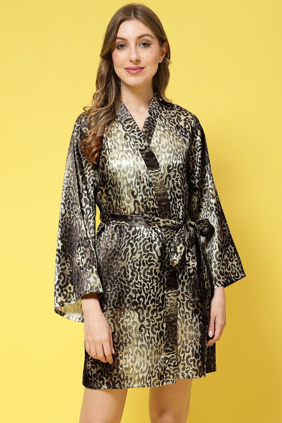 Green Animal Printed Silk Satin Robe Claura Designs Pvt. Ltd. Robe Green, Kaftan_allsizes, Nightdress, Robe, Satin, Silk, Sleepwear, Women