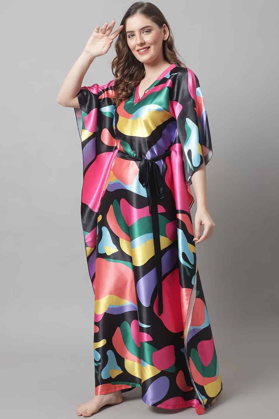 Pink Abstract Printed Satin Kaftan Maxi Nightdress For Women Claura Designs Pvt. Ltd. Kaftan Abstract, Black, Kaftan, Kaftan_allsizes, Nightdress, Pink, Printed, Satin, Short  Sleeves, Sleepwea
