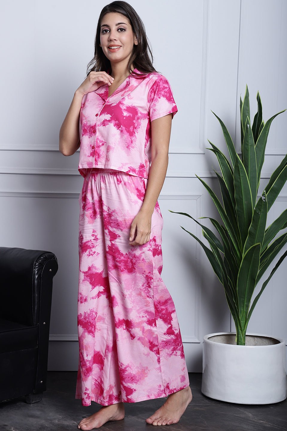 Pink Rayon Night Suit with short sleeves and pants