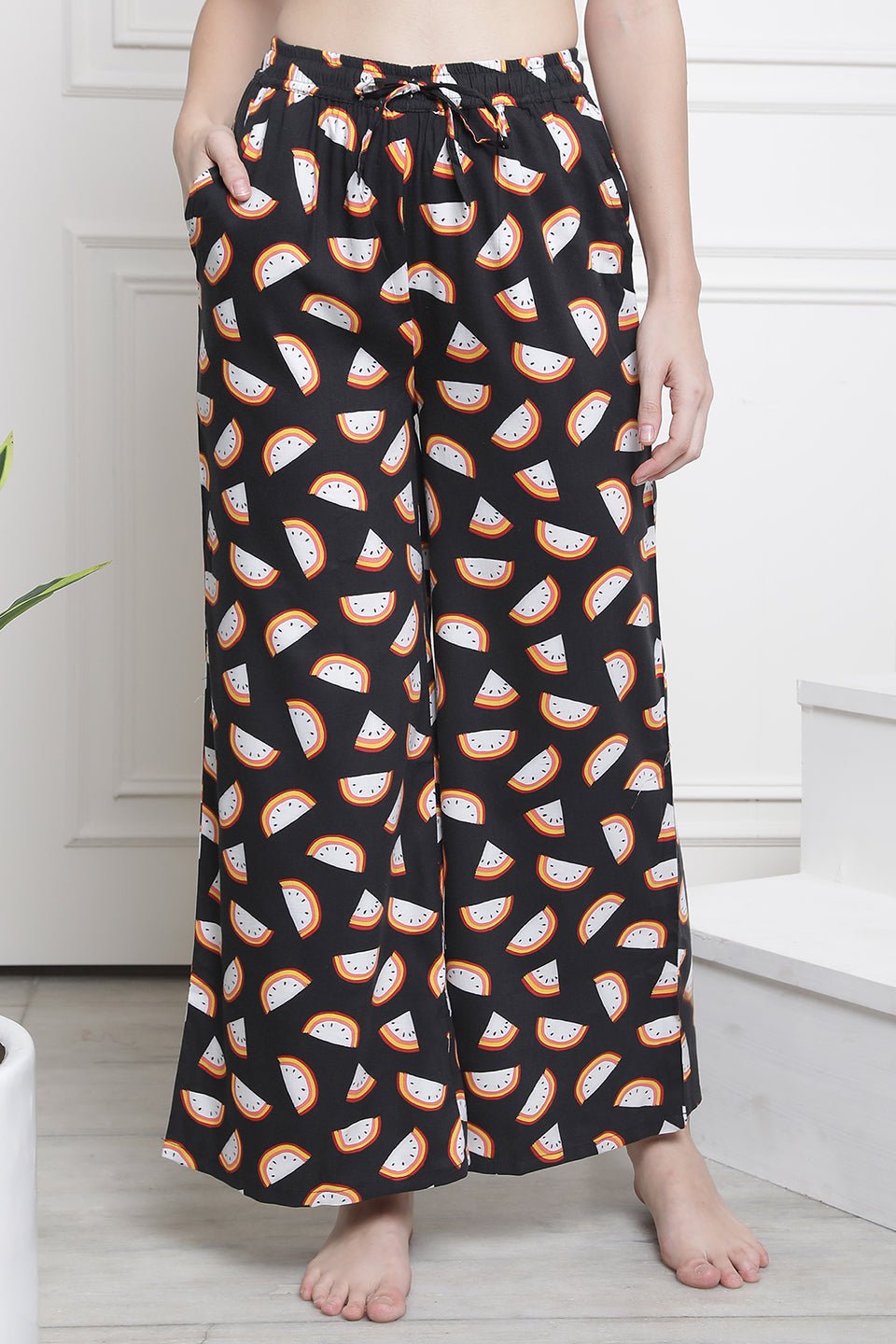 Black Color Abstract Printed Viscose Rayon Lower For Women Claura Designs Pvt. Ltd. Lounge Pants Abstract, Black, Flarred, Lounge Pant, Loungepant_size, Lower, pajama, Pants, Plazzo, Rayon, Women
