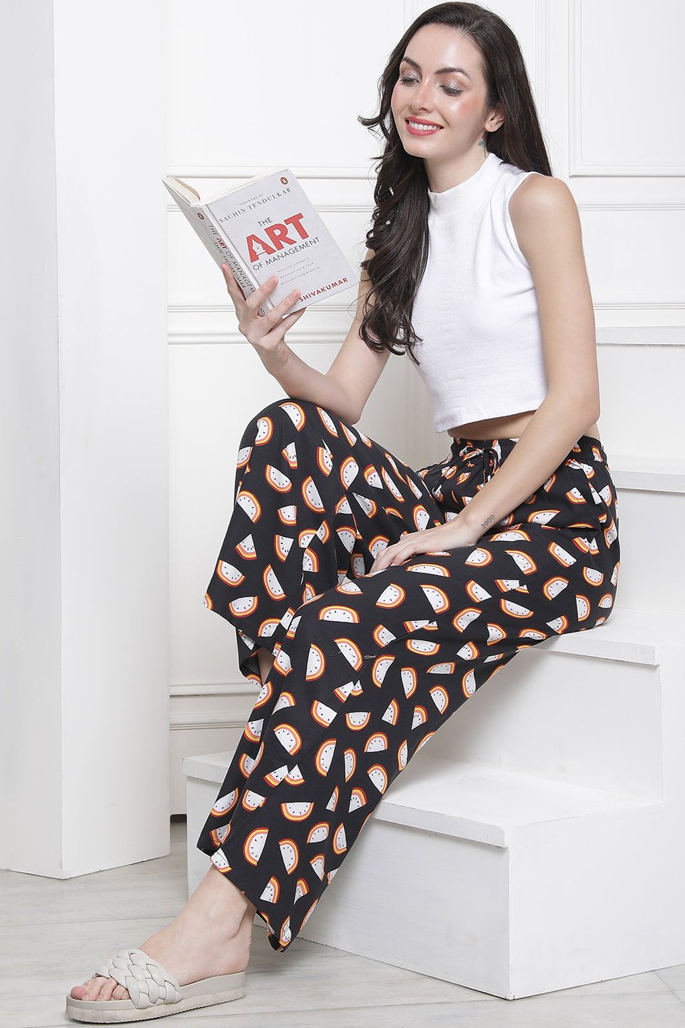 Black Color Abstract Printed Viscose Rayon Lower For Women Claura Designs Pvt. Ltd. Lounge Pants Abstract, Black, Flarred, Lounge Pant, Loungepant_size, Lower, pajama, Pants, Plazzo, Rayon, Women