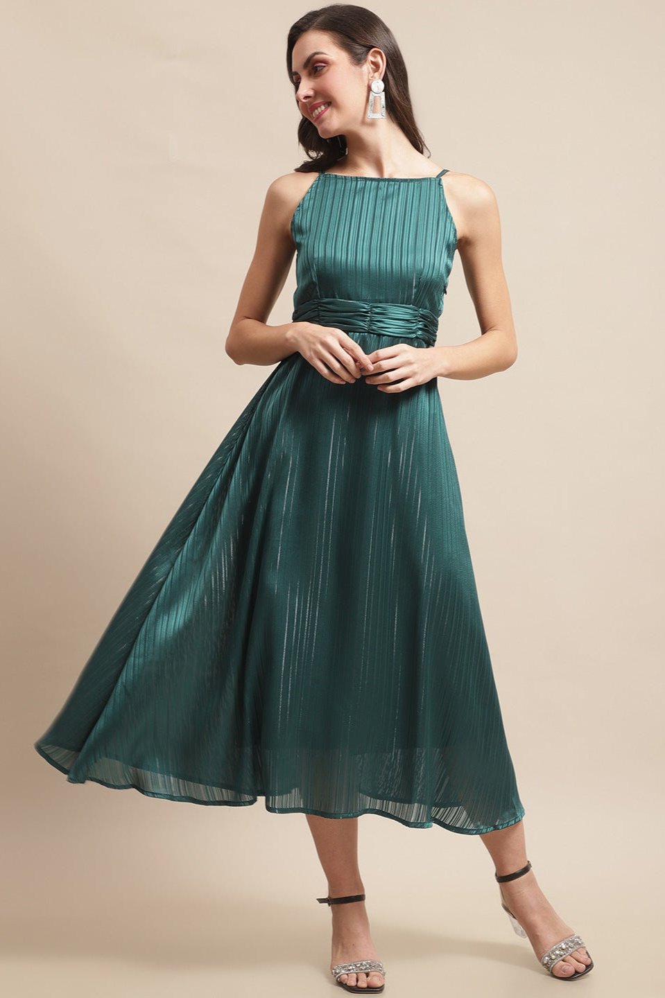 Green Color Solid Printed Self Design Georgette Dress For Women Claura Designs Pvt. Ltd. Ethic dress Dress, Dresses, Georgette, Green, Party wear, Solid Printed, Western
