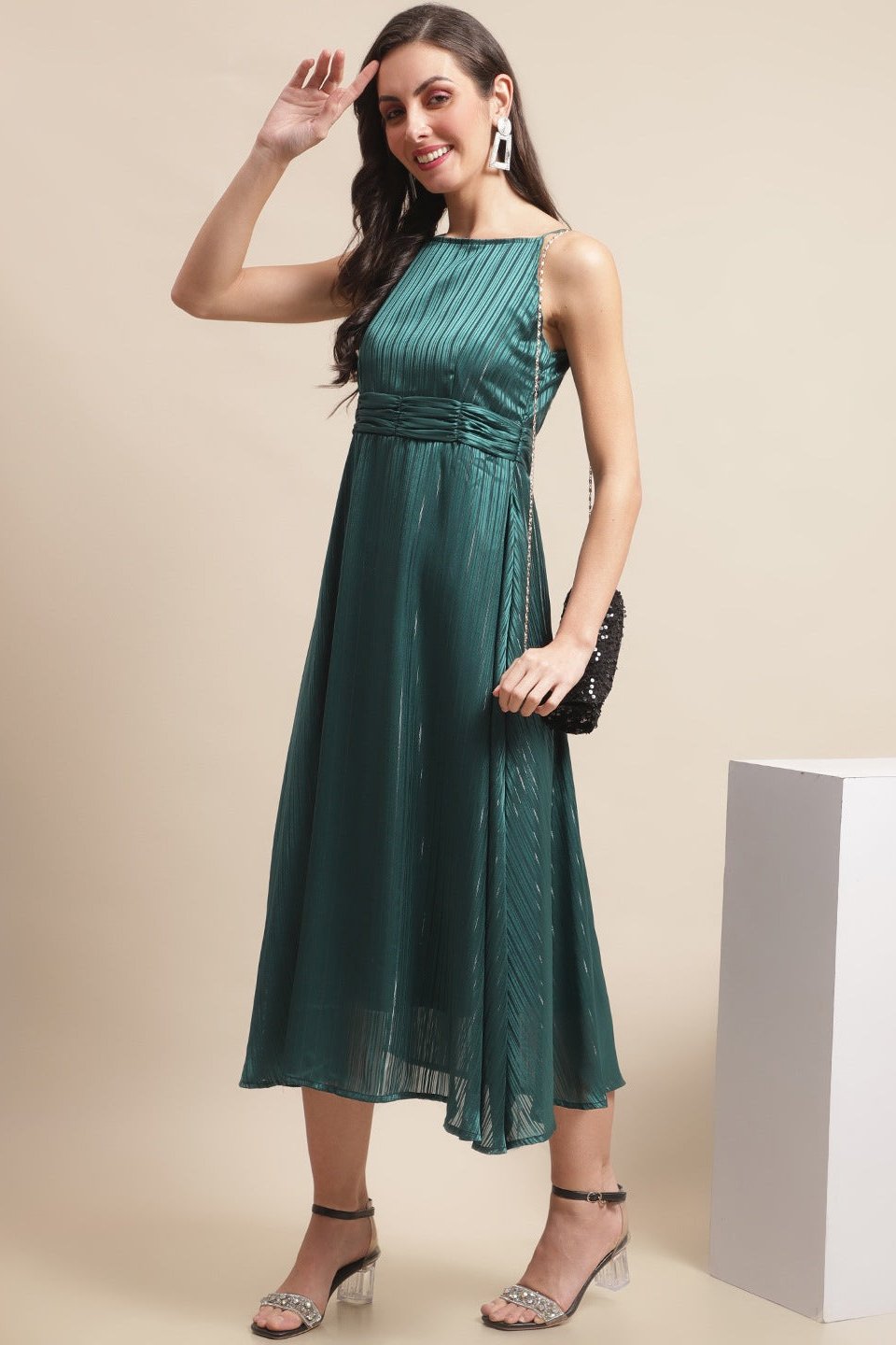 Green Color Solid Printed Self Design Georgette Dress For Women Claura Designs Pvt. Ltd. Ethic dress Dress, Dresses, Georgette, Green, Party wear, Solid Printed, Western