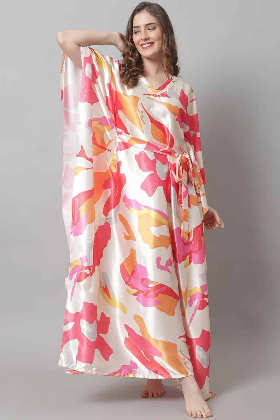 Cream Color Abstract Printed Satin Nighty Kaftan For Women Claura Designs Pvt. Ltd. Kaftan Abstract, cream color, Kaftan, Kaftan_allsizes, Nightdress, Printed, Satin, Short  Sleeves, Sleepwea