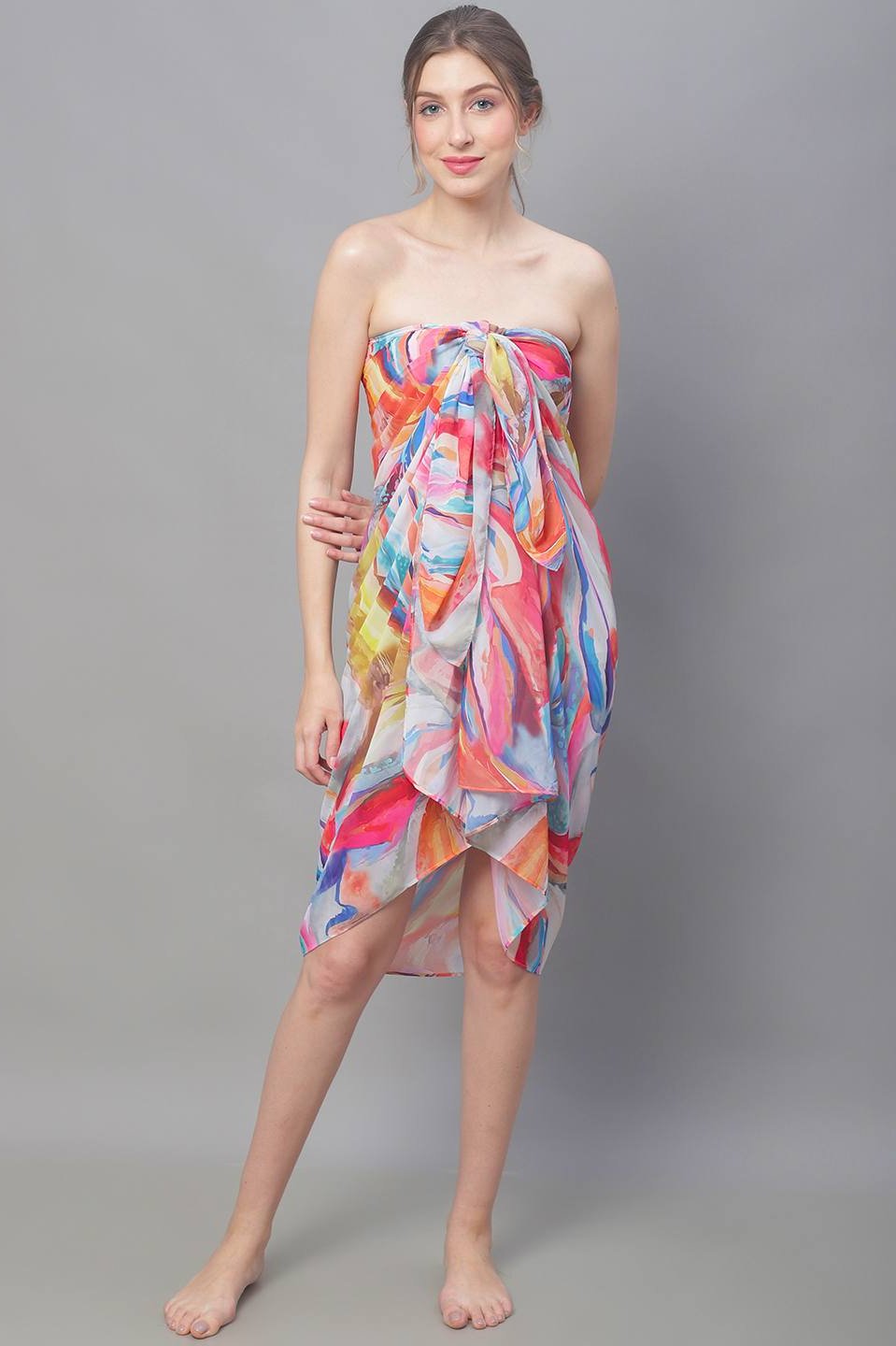 Multi Color Abstract Printed Georgette Coverup Beachwear Sarong For Woman Claura Designs Pvt. Ltd. Sarong Beachwear, Cover-up, Coverup, Free Size, georgette, multi color, Sarong, Swimwear