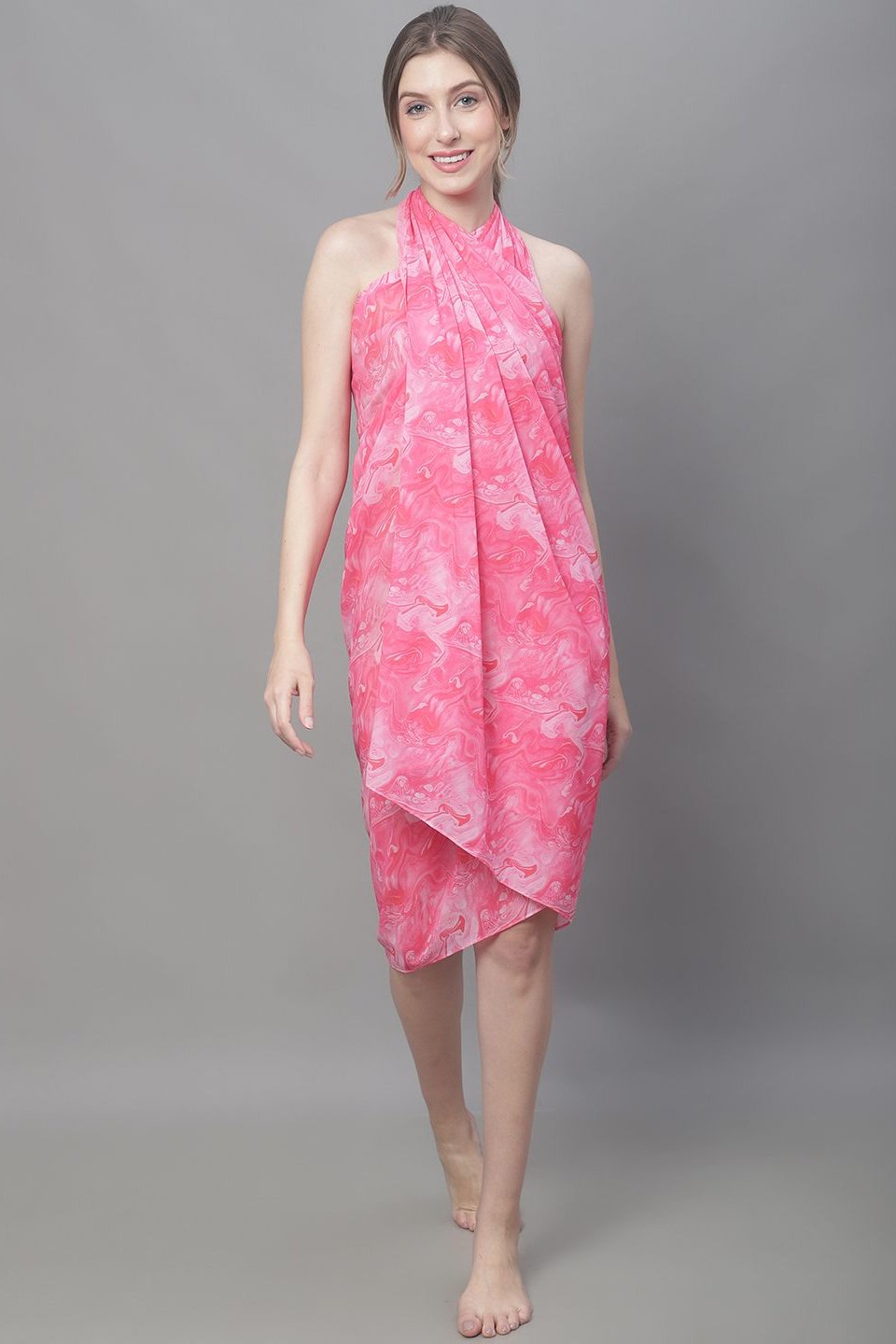 Woman wearing Pink Abstract Print Beach Dress for Women