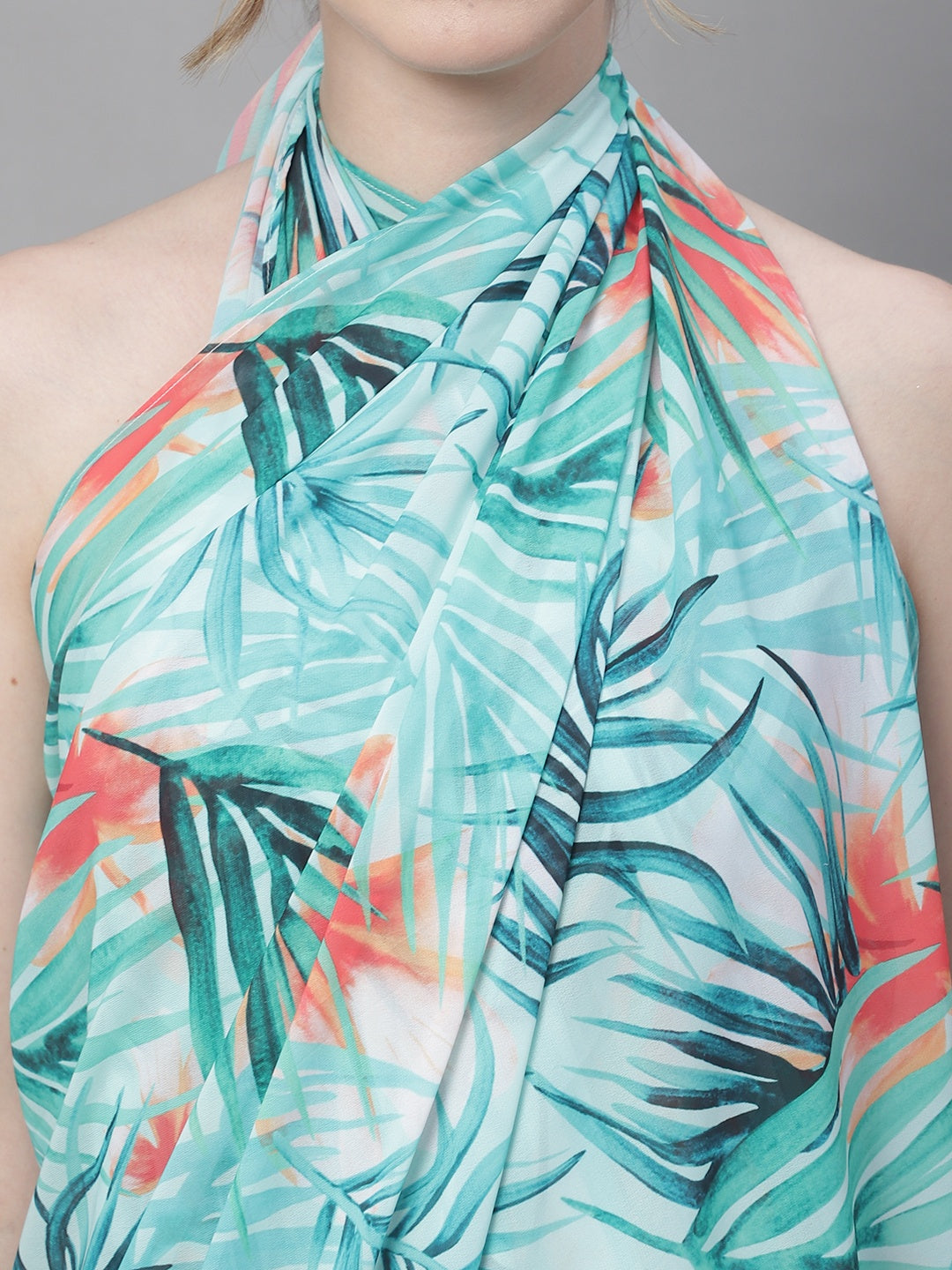 Green Color Tropical Printed Georgette Coverup Beachwear Sarong For Woman Claura Designs Pvt. Ltd. Sarong Beachwear, Coverup, Free Size, georgette, Green, Sarong, Swimwear, tropical
