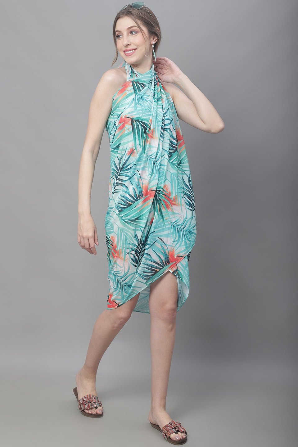 Green Color Tropical Printed Georgette Coverup Beachwear Sarong For Woman Claura Designs Pvt. Ltd. Sarong Beachwear, Coverup, Free Size, georgette, Green, Sarong, Swimwear, tropical