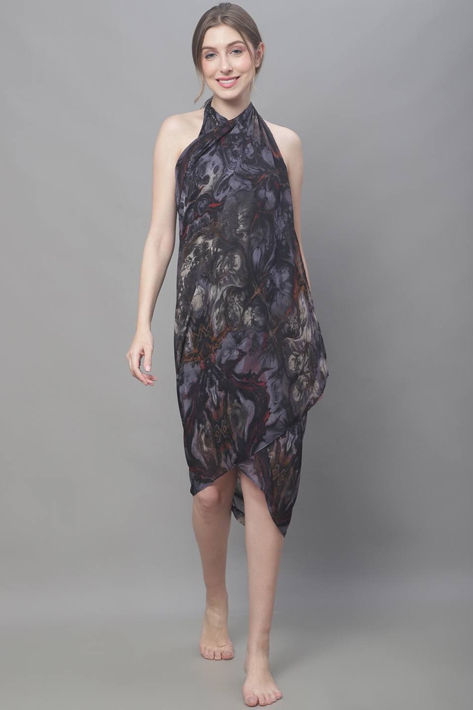 Black Abstract Printed Georgette Coverup Beachwear Sarong For Woman Claura Designs Pvt. Ltd. Sarong Abstract, Beachwear, black color, Free Size, georgette, kaftan_freesize, Printed, sarong, Swimwear